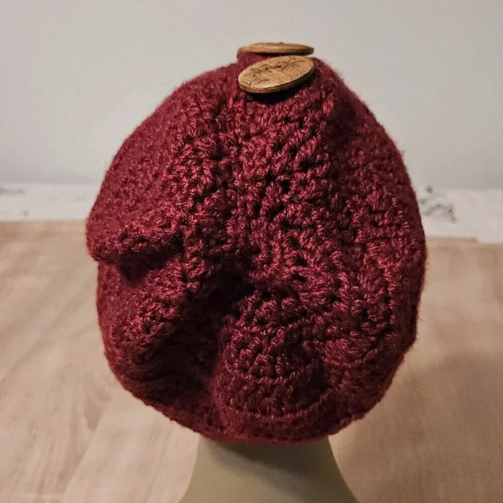 Hand-Made - Knitted Winter Beanie Three Button Knit Hat - One-Size - Red Warm!